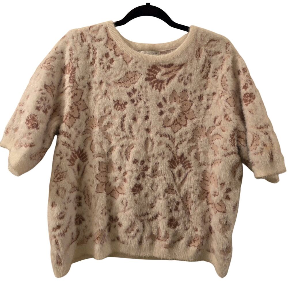Rachel Zoe Women's Crew-Neck Floral Fuzzy Knit Sweater Cream Brown Size XL NWT